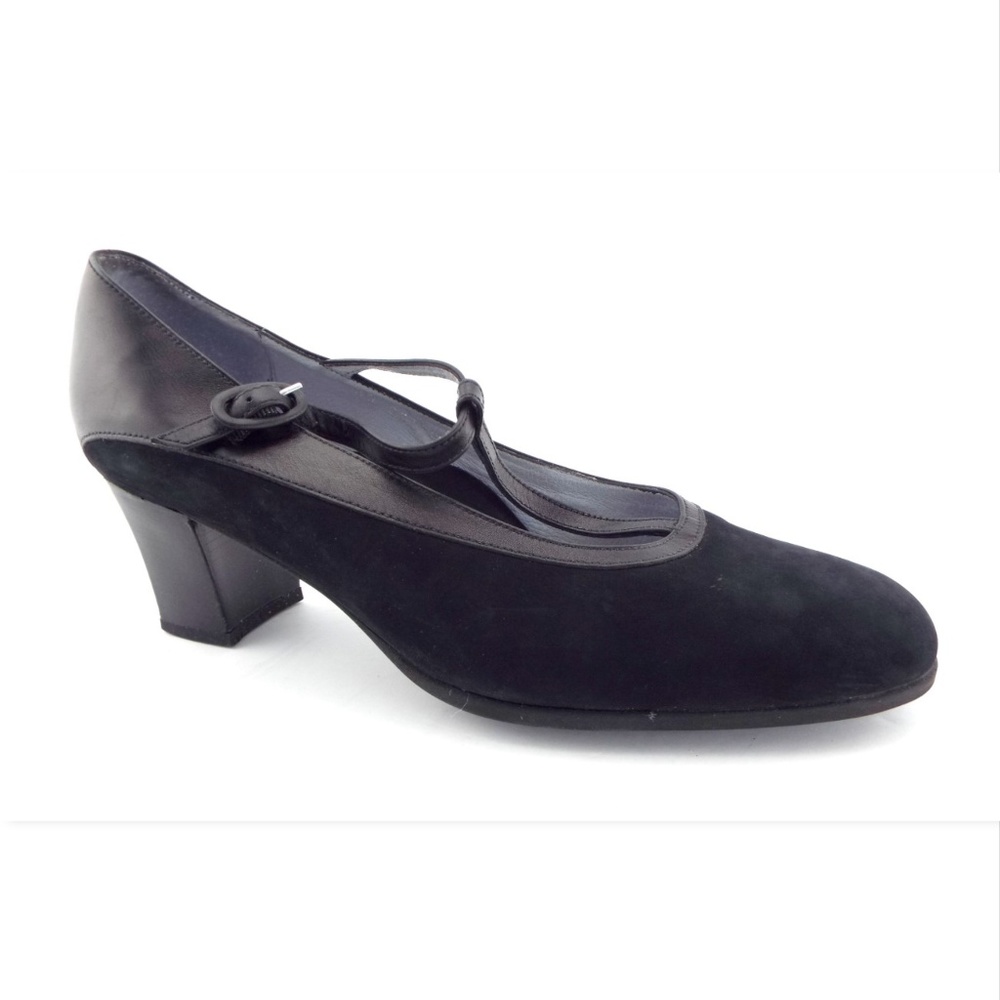 BEAUTIFEEL Black Nubuck Leather T-Strap Block Heel Pumps 39